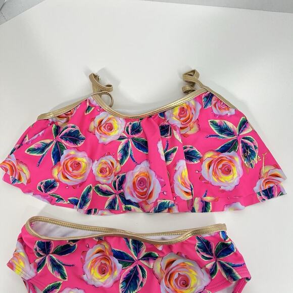 Betsy Johnson Girls 2PC Pink Floral Swimsuit Size M 10 Gold Trim - Picture 3 of 9